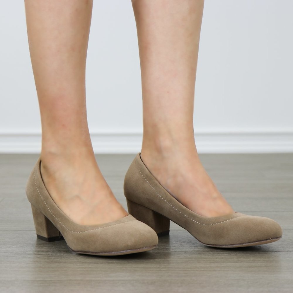 Taupe Vegan Suede Round Toe Chunky Heel Pump - Picture 5 of 6